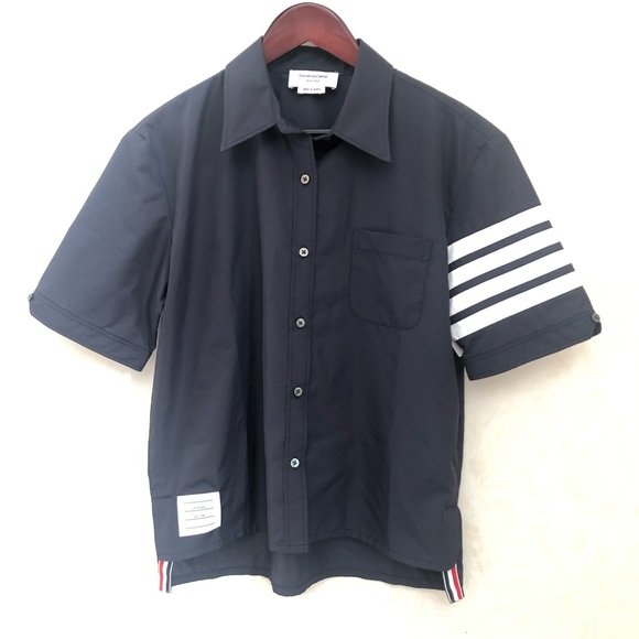 Newest style Thom browne navy flyweight tech 4-bar short sleeve button down shir - Picture 5 of 10